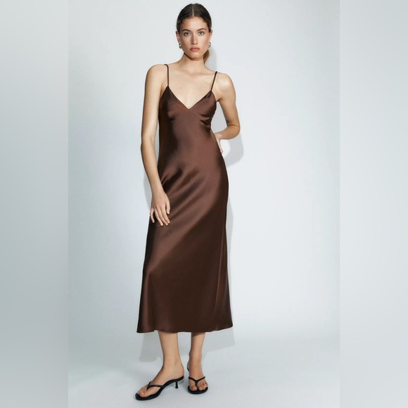 Zara Elegant Brown Satin Slip Dress Evening Party Wedding Casual - Picture 2 of 9